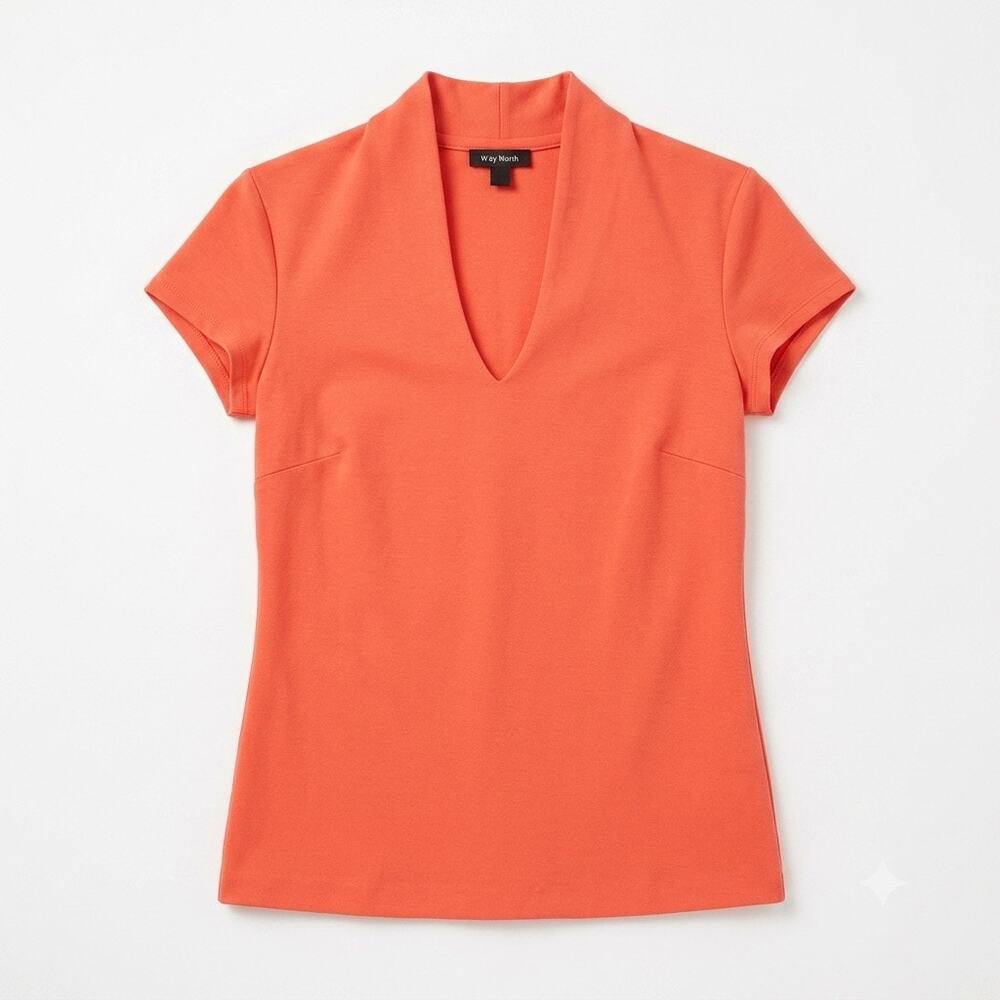 W BY WORTH Ponte Knit Tee Orange V Neck Short Sleeve Cotton Blend Womens P XS